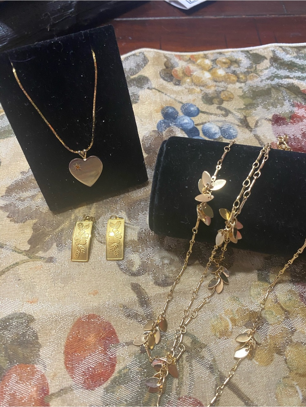 Gold-Tone Heart Bracelet and Leaf Chain necklace and Floral earrings Jewelry Set